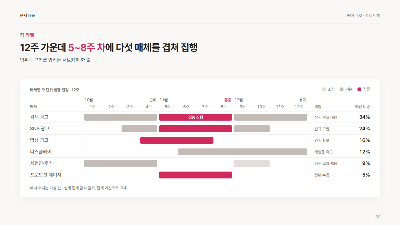 플라이트 차트(매체 × 주 단위 집행 띠)