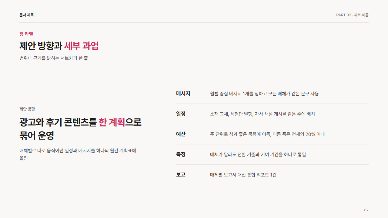왼쪽 핵심 문장과 오른쪽 세부 목록