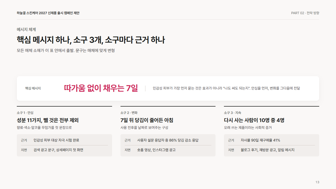 전략: 메시지 체계(핵심 메시지 1, 소구 3, 근거)