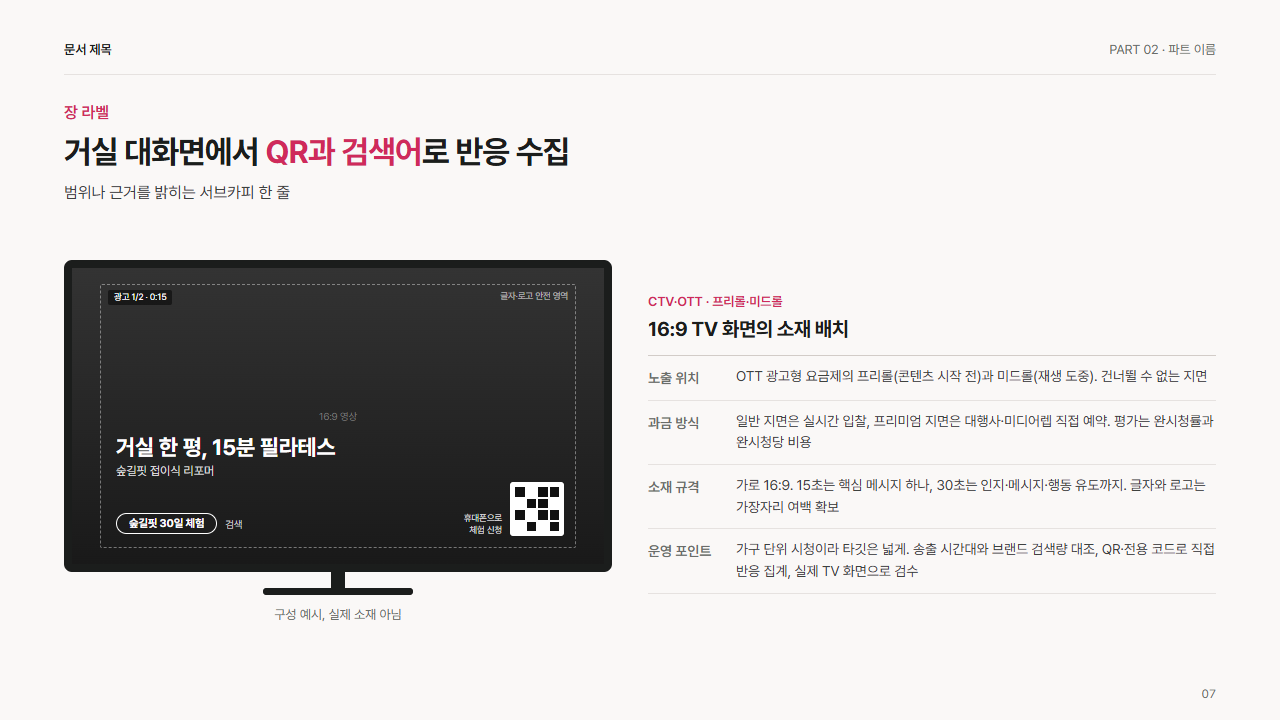 CTV·TV 광고 화면과 QR 배치