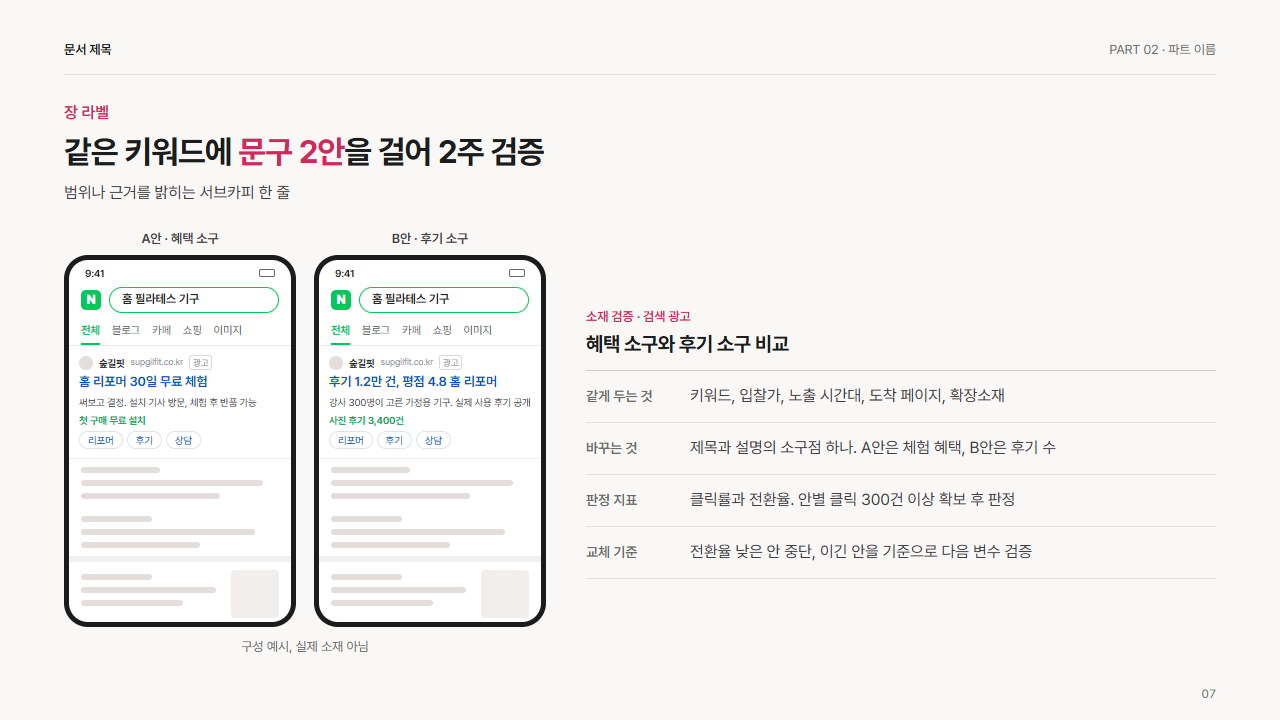 검색 광고 A안·B안 나란히