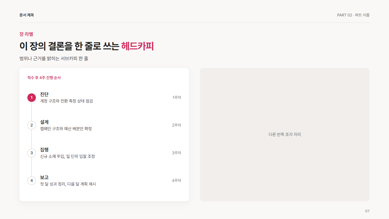 반폭 · 단계 세로 목록 4단(번호, 제목, 한 줄)